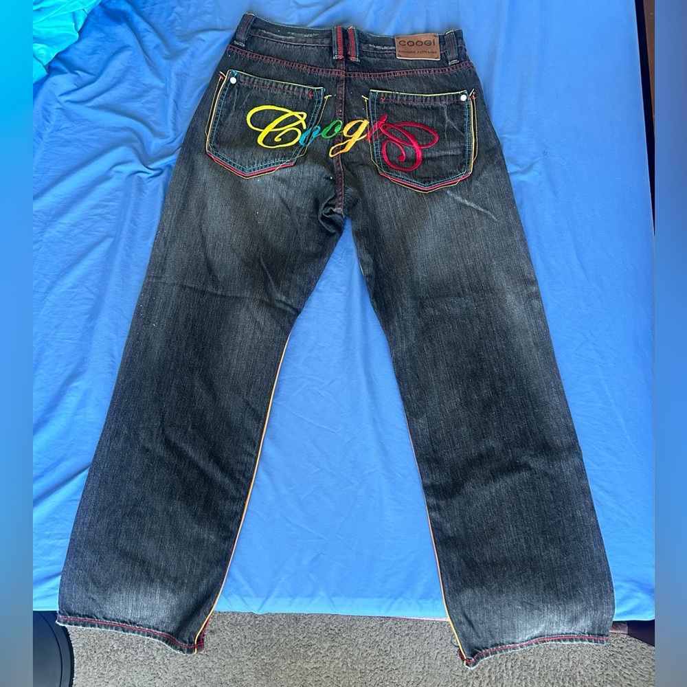 vintage rainbow lettering COOGI relaxed fit faded black jeans
